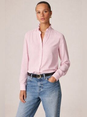 J. Crew Jules Ruffle-collar Shirt Classic Fit Pink and White Striped 8 New